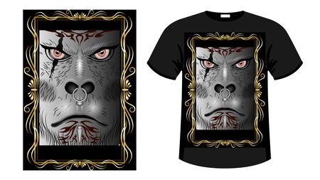 A formidable face Gray Gorilla, orc  warrior face with tattoos, scars and piercingsin decorative gold frame.  Print t-shirt  and apparel design vector illustrationのイラスト素材
