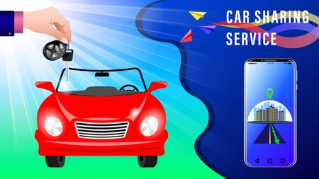 Car Sharing Service. Hand delivers keys with electronic keychain. Red convertible under the sunlight, front view. Smartphone showing the route. Colorful paper airplanes.のイラスト素材