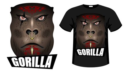 A formidable face Brown Gorilla, orc  warrior face with tattoos, scars and piercingsin with inscription.  Print t-shirt  and apparel design vector illustrationのイラスト素材