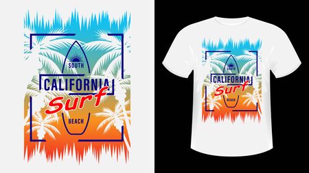 California Surf print t-shirt. The slogan on the backdrop of palm trees and sunset. Beautiful vector illustrationのイラスト素材