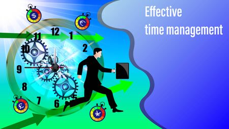 Effective time management banner. Clockwork, direction arrows. Running businessman in a business suit and with a briefcase in the sunlight. Vector Illustrationのイラスト素材