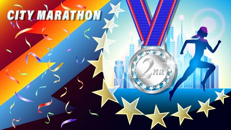 City Marathon silver medal for 1st place banner, poster. Silhouette of a running woman, against a city of skyscrapers. Falling confetti. Realistic 3d vector illustrationのイラスト素材
