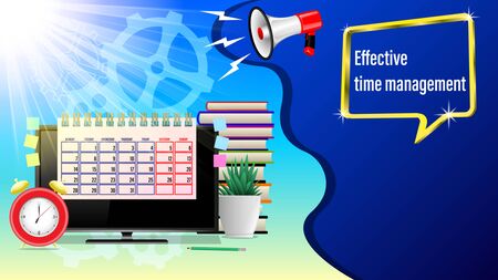 Business workplace, effective time management. Megaphone, Monitor, Alarm clock, calendar, pencil, stickers, houseplant, stack of books, gears in sunlight. Front view. Realistic 3d vector illustrationのイラスト素材