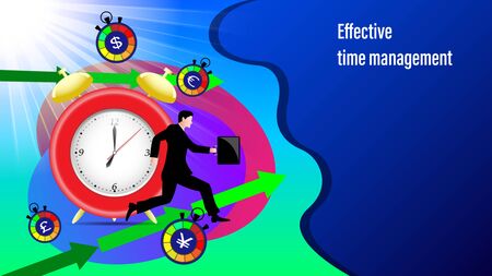 Effective time management banner. Alarm clock, direction arrows, road sign attention, Running businessman with a briefcase in the sunlight. Flat Vector Illustrationのイラスト素材