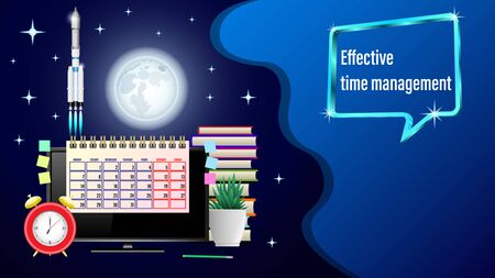 Business workplace, effective time management. Space rocket, Monitor, Alarm clock, calendar, stickers, houseplant, stack books, Moon, starry night sky. Front view. Realistic 3d vector illustrationのイラスト素材