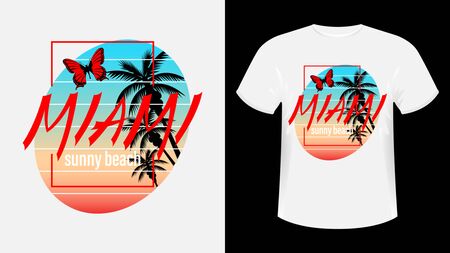 Miami, Sunny beach print t-shirt. The slogan on the backdrop of palm trees and sunset. Flying butterfly. Beautiful vector illustrationのイラスト素材