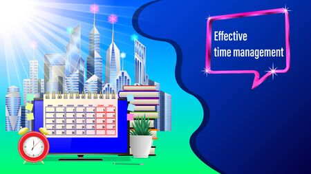 Business workplace, effective time management.City with skyscrapers , Monitor, Alarm clock, calendar, pencil, stickers, houseplant, stack books, sunlight. Front view. Realistic 3d vector illustrationのイラスト素材