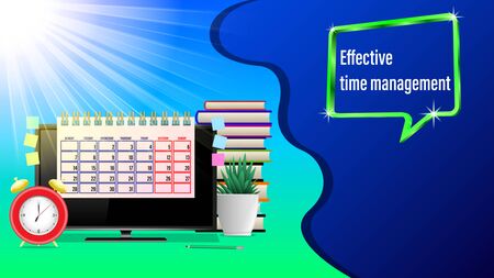 Business workplace, effective time management. Monitor, Alarm clock, calendar, pencil, stickers, houseplant, stack of books, sunlight. Front view. Realistic 3d vector illustrationのイラスト素材