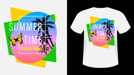 Summer time, Sunny beach print t-shirt. The slogan on the backdrop of palm trees and sunset. Flying butterfly. Beautiful vector illustrationのイラスト素材