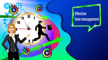 Effective time management banner. Golden clock, direction arrows, gears. Running businessman and with a briefcase in the sunlight. Business woman points hand. Vector Illustrationのイラスト素材