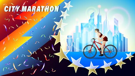 City Bicycle marathon. A woman riding a bike through the city with skyscrapers, side view. beautiful realistic 3D vector illustrationのイラスト素材