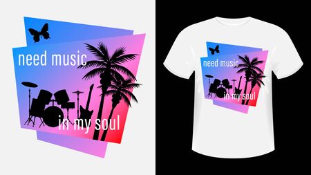 Music print t-shirt slogan. Musical instruments: drum set and electric guitar on a beautiful tropical background. Black silhouette vector illustration.のイラスト素材