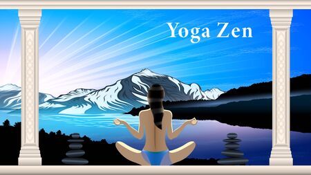 Yoga Zen, morning in the mountains. Woman in swimsuit in Lotus position, rear view. Marble columns with patterns. Beautiful mountain landscape. Realistic horizontal homepage banner vector.のイラスト素材