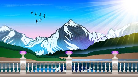 High mountains and calm river water landscape with forest slopes and snowy peaks. Marble stone railing, with patterns and flower beds. Beautiful natural landscape vector  illustrationのイラスト素材