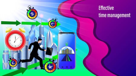Effective time management banner. Alarm clock, Smartphone with navigation, direction arrows.  Running businessman with briefcase in the sunlight and City, skyscrapers. Realistic 3d Vector Illustrationのイラスト素材