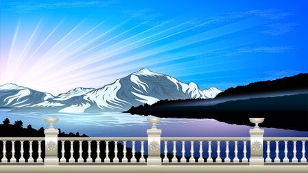 Sunrise, High mountains and calm river water landscape with forest slopes and snowy peaks. Marble stone railing, with patterns and flower beds. Beautiful natural landscape vector  illustrationのイラスト素材