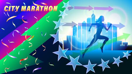 City Marathon banner, poster. Silhouette of a running woman in falling confetti, against a city of skyscrapers. Realistic 3d vector illustrationのイラスト素材