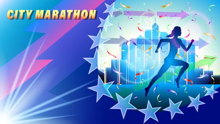 City Marathon banner, poster. Silhouette of a running woman in falling confetti, against a city of skyscrapers. Megaphone and direction arrows. Realistic 3d vector illustrationのイラスト素材