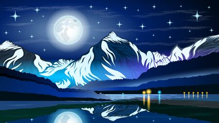 High mountains and calm lake water landscape with forest slopes and snowy peaks. Huge full moon against the starry sky. Beautiful landscape vector  illustrationのイラスト素材