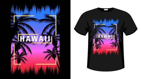 Hawaii print t-shirt. The slogan on the backdrop of palm trees and sunset. Beautiful vector illustrationのイラスト素材