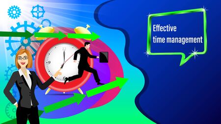 Effective time management banner. Alarm clock, direction arrows, gears. Running businessman and with a briefcase in the sunlight. Business woman points hand. Vector Illustrationのイラスト素材