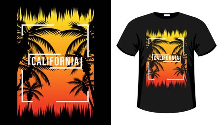 California print t-shirt. The slogan on the backdrop of palm trees and sunset. Beautiful vector illustrationのイラスト素材