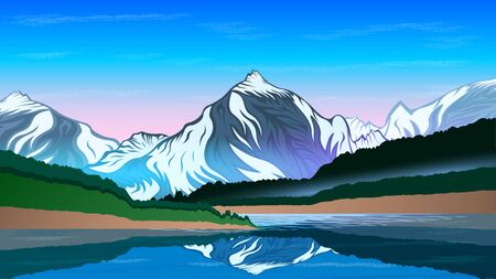High mountains and calm lake water landscape with forest slopes and snowy peaks. Beautiful Natural landscape vector  illustrationのイラスト素材