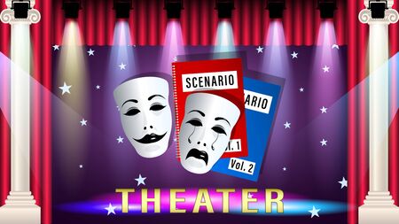 Theatrical mask, script, scene. In the theatre under the light of the spotlight. Beautiful marble columns. Realistic 3d horizontal Vector Illustrationのイラスト素材