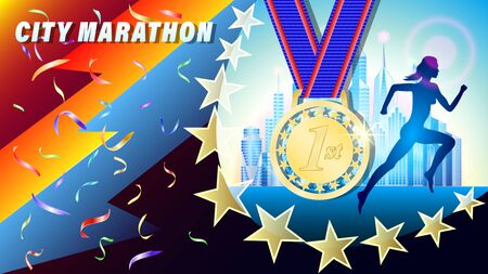 City Marathon golden medal for 1st place banner, poster. Silhouette of a running woman, against a city of skyscrapers. Falling confetti. Realistic 3d vector illustrationのイラスト素材