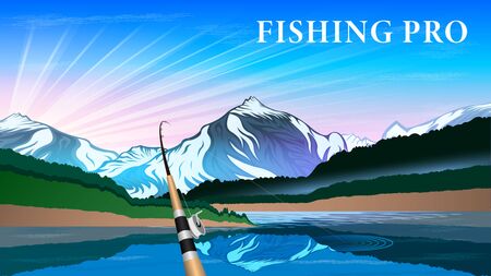 Fishing rod on the background of a beautiful natural landscape. Mountains, snowy peaks, quiet river, Sunny dawn. Realistic horizontal banner vector, illustration.のイラスト素材