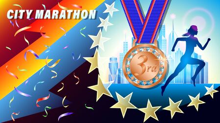City Marathon bronze medal for 1st place banner, poster. Silhouette of a running woman, against a city of skyscrapers. Falling confetti. Realistic 3d vector illustrationのイラスト素材