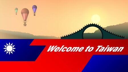 Welcome to Taiwan. Moon bridge at beautiful sunset in the evening. Flying balloons. Stylized flag of Taiwan. Tourist banner. Realistic horizontal vector, illustrationのイラスト素材