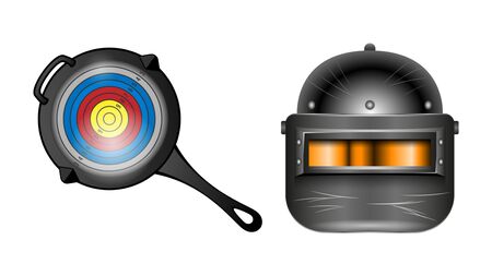 Pan with the target and an armored helmet black with visor, front view isolated on a white background. Realistic banner, poster vector illustrations.のイラスト素材