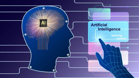 Artificial intelligence, Ai. The human electronic brain with a chip in profile. Metal human head side view and hand controlling virtual screens. vector illustration.のイラスト素材