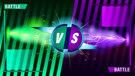 VS battle. Collision of two forces green and purple lightnings on in a strip gradient background. Hot and cold sparkling power. Light effect with sparks. Realistic vector illustration.のイラスト素材