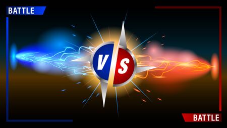 VS battle. Collision of two forces blue and red lightnings on a black background. Hot and cold sparkling power. Light effect with sparks. Realistic vector illustration.のイラスト素材