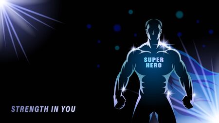 Superhero on a dark backgrond. Silhouette gold athlete, brawny man with the blue cloak on a black background. Light effect in the Night. Horizontal banner vector illustrationのイラスト素材