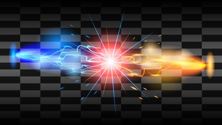 Collision of two forces blue and orange lightnings isolated on transparent background. Hot and cold sparkling power. Light effect with sparks. Realistic vector illustration.のイラスト素材