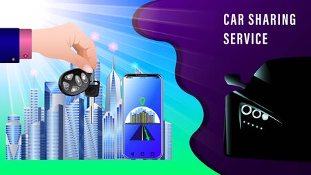 Car Sharing Service. Hand delivers keys with electronic keychain. Dark silhouette of a sports car with headlights on, front view. Smartphone showing the route.  City skyscrapers under the sunlight.のイラスト素材