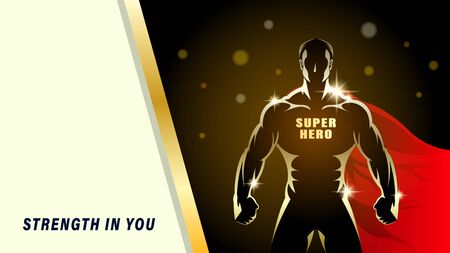 Super Hero. Silhouette gold athlete, brawny man with the red cloak on a black background. Light effect in the Night. Horizontal banner vector illustrationのイラスト素材