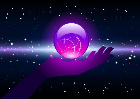 Bright purple Magic ball on the palm, hand silhouette, on a starry, galactic background. Beautiful fantastic vector Illustrationのイラスト素材