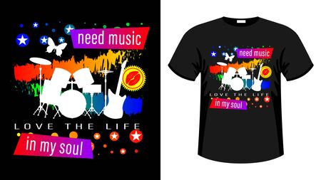 Music print t-shirt slogan. Musical instruments: drum set and electric guitar on a beautiful abstract background. Colorful vector illustration.のイラスト素材