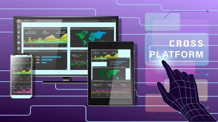 Web development and coding. Cross platform development website, homepage. Layout internet page or web interface on screen display, tablet and phone. Realistic horizontal vector, illustrationのイラスト素材