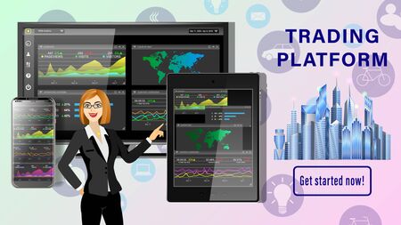 Trading platform. Financial business dashboard desktop. Application for financial analysis on PC, tablet pc, smartphone. Woman hand is pushing on the touchscreen. Realistic 3d detailed vector.のイラスト素材