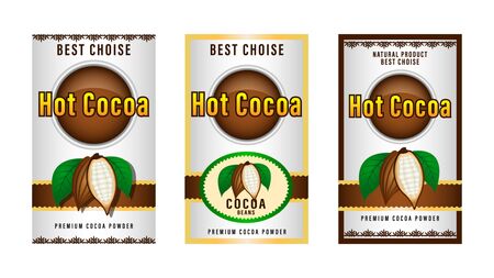 Natural product Cocoa beans packaging layout,  design Label. realistic cocoa fruits with green leaves. Beautiful gradient decorative frames and patterns. Vector Illustrationのイラスト素材