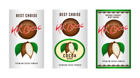 Natural product Cocoa beans packaging layout,  design Label. realistic cocoa fruits with green leaves. Beautiful gradient decorative frames and patterns. Vector Illustrationのイラスト素材
