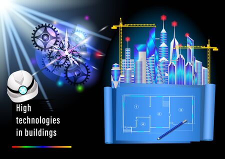 High Technologies in buildings. Plan for the construction of Future City and clockwork. Drawings on blue paper. Realistic graphic Vector Illustrationのイラスト素材