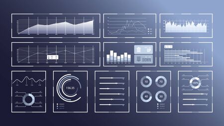 HUD UI for business app. Futuristic user interface set web elements. Virtual graphic touch user interface. Infographic interface screen monitor, radar. Vector Illustrationのイラスト素材