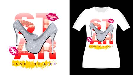 Girls slogan print shirt. fashionable glamorous composition. Pair high-heeled shoes. Realistic 3d vector illustration.のイラスト素材