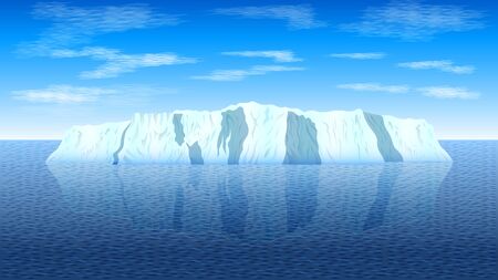 View of a realistic iceberg in a calm sea against a blue sky with clouds. Seascape vector, illustration.のイラスト素材